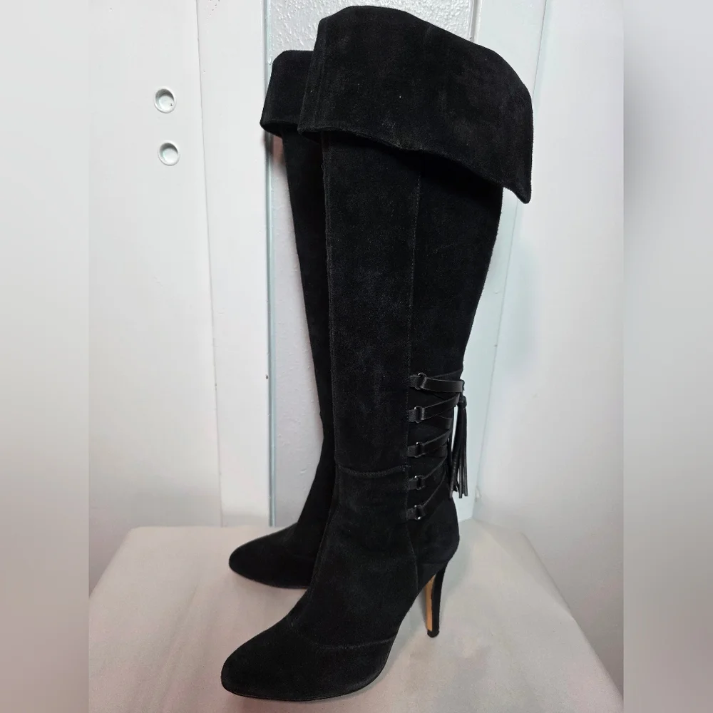 VANELI Black Suede OTK Tall Boots - Lace Up Back with Tassel - Vero Cuoio 6.5